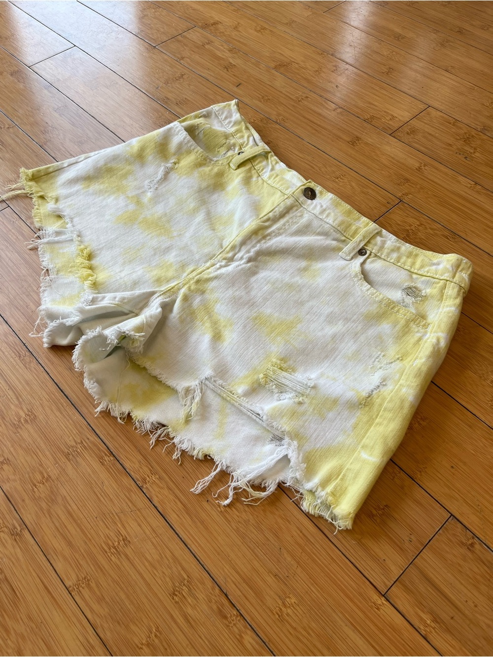 aerie Yellow Tie-Dye Frayed Denim Shorts